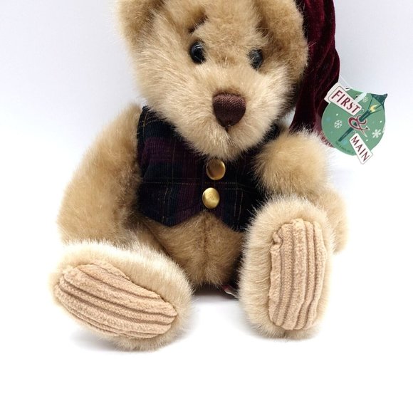 First & Main Minky Holiday Teddy Bear Chirismas Plaid Vest Santa Hat Collectable - Picture 4 of 11